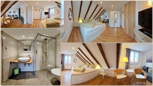 a collage of four pictures of a room at Pension Linde in Höchenschwand