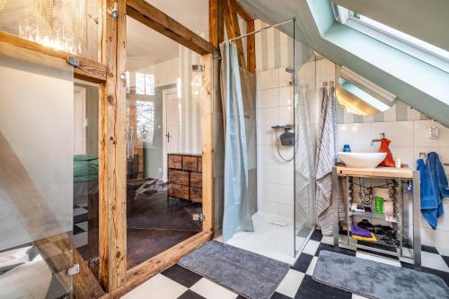 a bathroom with a shower and a sink at Villa Seeblick in Rheinsberg