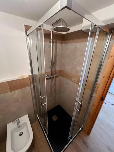 a bathroom with a shower and a toilet at L’Angolo del Paradiso in Cogne