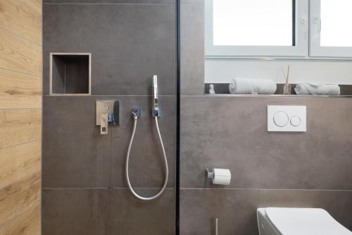 a bathroom with a shower with a sink and a toilet at Apartment Aura in Mengen