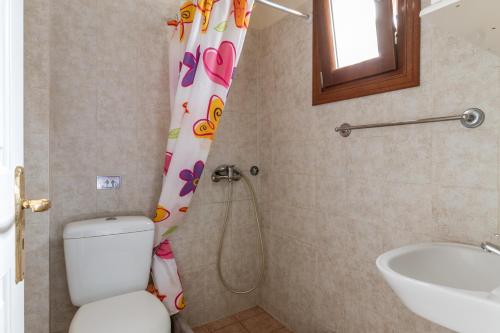 a bathroom with a toilet and a shower curtain at En Tino 3 in Tinos
