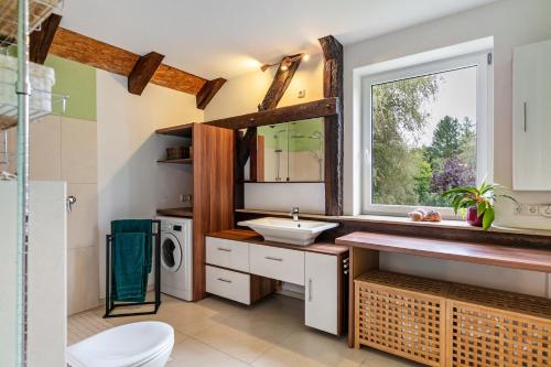 a bathroom with a sink and a window at Wohnung am Stadtrand im Grünen in Zeuthen