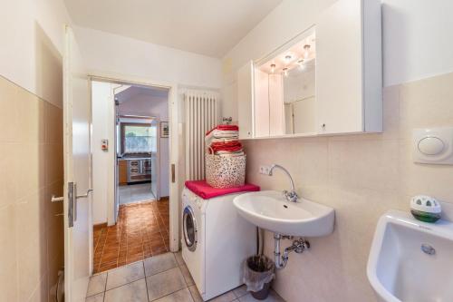 a bathroom with a sink and a washing machine at Ferienwohnung Ainhauser in Campolasta