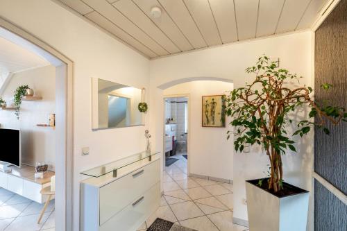 a home entry with a potted plant at Ferienwohnung am Wald in Eppenrod