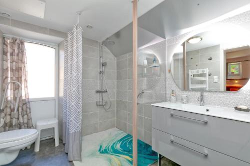 a bathroom with a shower and a toilet and a sink at Gîte Le Champ Du Bois in Missillac