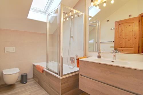 a bathroom with a shower and a sink and a toilet at Ferienwohnung Gelting in Geretsried