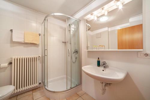 a bathroom with a shower and a sink at Gasserhof Ferienwohnung Gravenstein in Caines