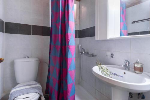 a bathroom with a sink and a toilet and a shower curtain at Apostolos Apartment 6 in Póndi