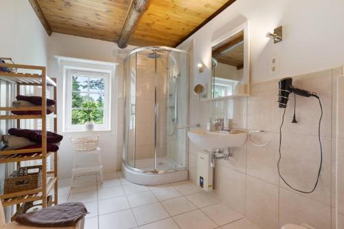 a bathroom with a shower and a sink at Ferienwohnung 'Zur Napoleonschanze' in Rathewalde