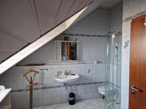 a bathroom with a sink and a shower at Ferienwohnung Storchenblick in Raisting