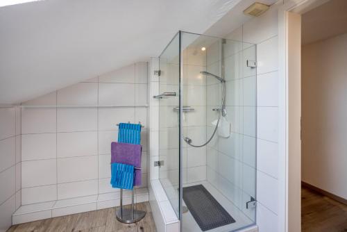 a bathroom with a shower with a glass door at Ferienwohnung Bamberger Gipfelblick in Hopferau