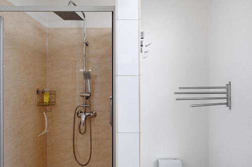 a shower with a glass door in a bathroom at 'kiek In' Fewo Schellberg in Grevesmühlen