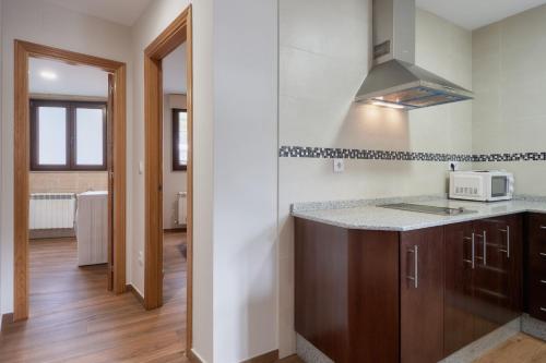 a kitchen with a counter top and a microwave at Valle del Ibias - Primero Izquierda in Cecos