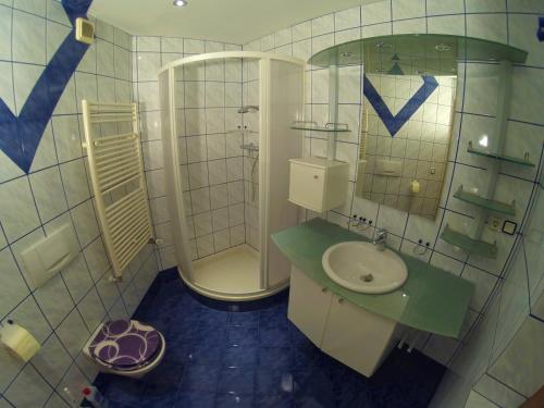 a bathroom with a sink and a shower and a mirror at Landhaus Breitenberg in Bad Hofgastein