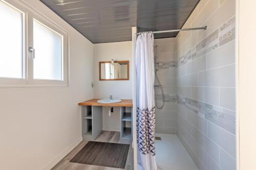 a bathroom with a shower and a sink at À la maison de Goulannou in Tréflez
