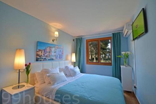 a blue bedroom with a large bed with white pillows at Benestar in El Toro
