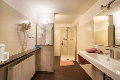 a bathroom with a sink and a shower at Camping Passeier Löwenzahn in Saltusio