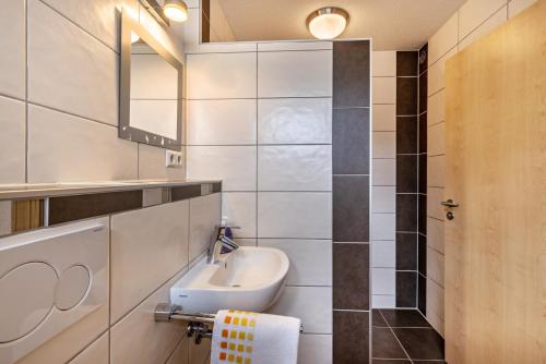 a bathroom with a sink and a mirror at Ferienwohnung Alpenblick in Zwiefalten