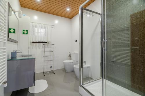 a bathroom with a glass shower and a toilet at Casa Mourelo Alojamento Local in Ponte da Barca
