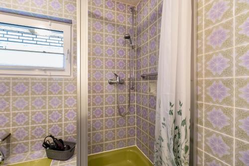a bathroom with a shower with a green tub at Haus im Igelweg in Bad Münstereifel
