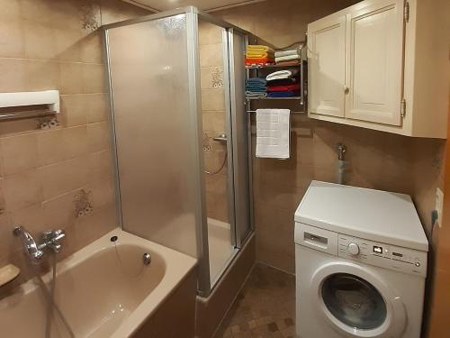 a small bathroom with a shower and a washing machine at Ferienwohnung am Geißberg in Kleines Wiesental
