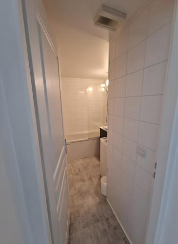 a small bathroom with a toilet and a shower at Appartement paisible Richelieu in Chaveignes