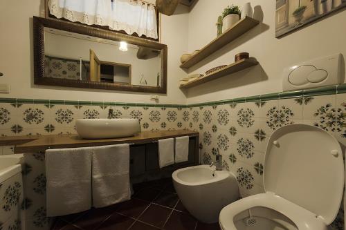 a bathroom with a toilet and a sink and a mirror at All Inclusive Villa Con Piscina in Camaiore