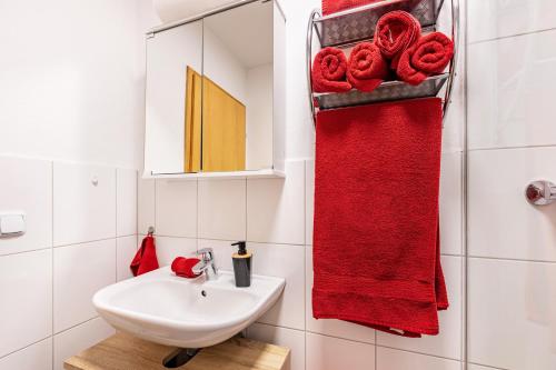 a bathroom with a sink and a red towel at Ferienwohnung Schwarzwaldhirsch in Unterkirnach
