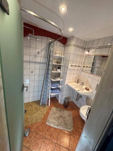 a bathroom with a sink and a toilet and a mirror at Ferienwohnung Blaue Maus in Meißen