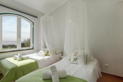 a bedroom with two beds and a window at Casa das Furnas - Eco Home in Vila do Bispo