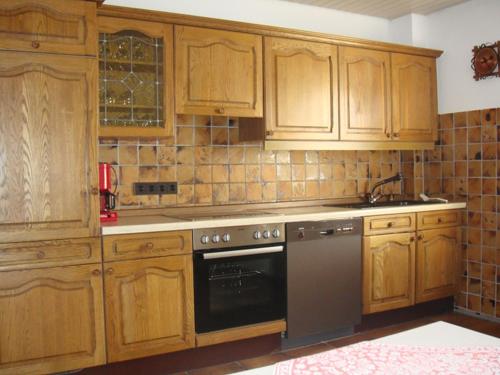 a kitchen with wooden cabinets and a black dishwasher at Ferienwohnung Sprang in Steinen