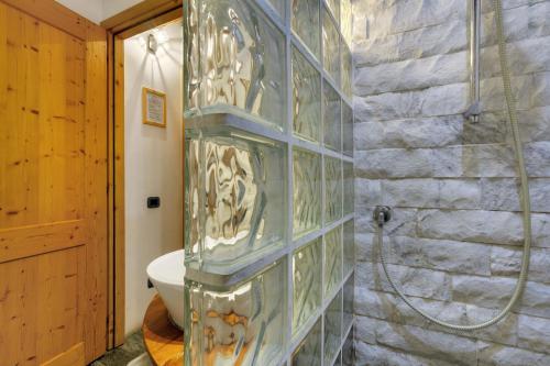 a bathroom with a toilet and a glass wall at Casa Nemo - Riomaggiore, 5 Terre in Riomaggiore