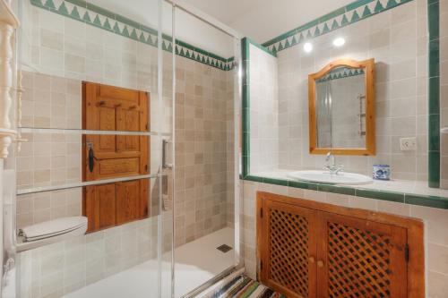 a bathroom with a shower and a toilet and a sink at Casa de la Fuente in Bubión