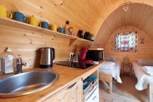 a kitchen with a sink in a tiny house at Cabane Perce Neige - Gavarnie in Gèdre