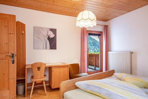 a bedroom with a bed and a desk and a window at Gamperhof Apartment Planet in Collepietra