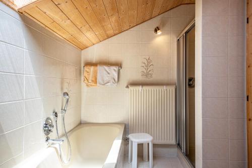 a bathroom with a tub and a toilet and a stool at Gamperhof Apartment Planet in Collepietra