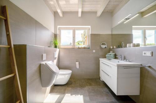 a bathroom with a toilet and a sink at Waldwasserhaus Leisel in Leisel
