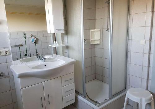 a bathroom with a sink and a shower at Ferienhaus Fechter in Lanz