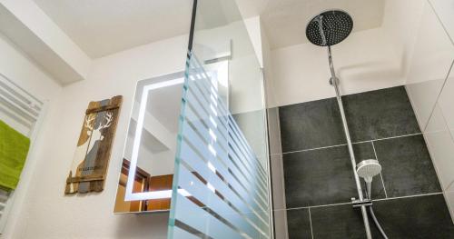 a bathroom with a shower with a glass door at Ferienwohnung 109 Schwarzwald in Schönwald