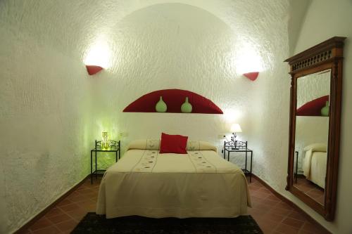 a bedroom with a bed with red pillows and a mirror at Los Cerezos in Benalúa de Guadix