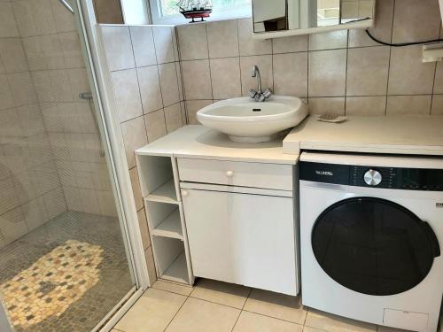 a bathroom with a washing machine and a sink at La Maison Du Rivage in Bretteville-sur-Ay