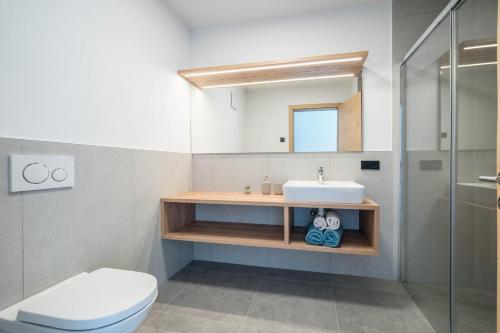 a bathroom with a sink and a toilet and a mirror at Sunnig Apartment Sonnenschein in Vollan