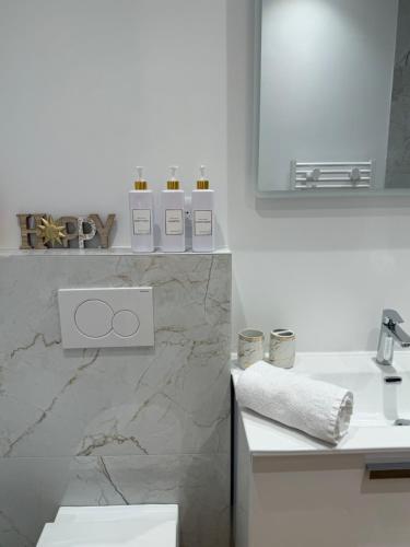 a bathroom with a sink and a toilet and a mirror at Très Grand studio neuf 50 m du port Lovely charrons 2 in Saint-Tropez