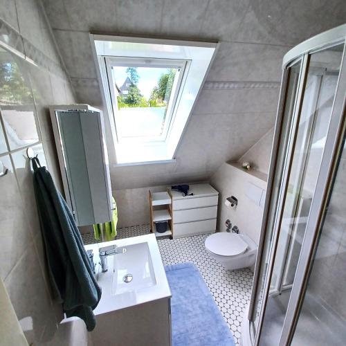 a bathroom with a sink and a toilet and a window at Ferienhaus Hahnenklee in Goslar