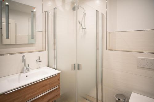 a bathroom with a sink and a shower at Flutgold Dangast in Dangast