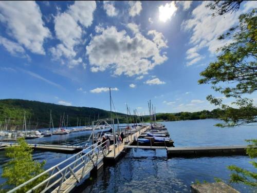 a dock with boats docked on a lake at Yachthof Ferienwohnung, 60 m² in Scheid