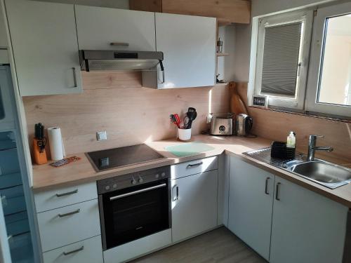 a small kitchen with white cabinets and a sink at Yachthof Ferienwohnung, 60 m² in Scheid