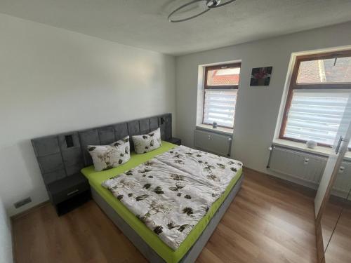 a bedroom with a bed and two windows at Grünes Haus Dornburg in Dornburg