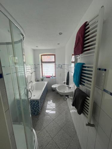 a bathroom with a tub and a toilet and a sink at Grünes Haus Dornburg in Dornburg