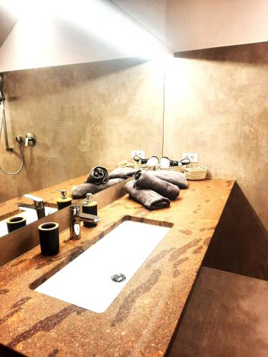 a bathroom with a sink and a large mirror at Peter Paul Terrasseapp Burgenblick in Appiano sulla Strada del Vino